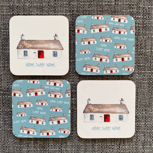 Home Sweet Home BOTHY COASTERS cottage core Catherine Redgate Scottish Scotland cute home kitsch cute quaint whimsical house coaster red