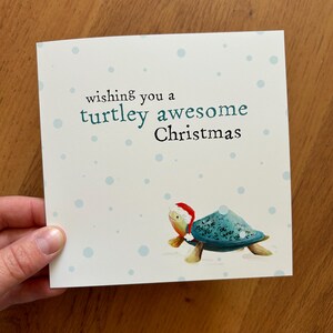Carte illustrée tortue de Noël Catherine Redgate humour amusant lunatique original mignon neige jeu de mots de Noël heureux enneigé reptile tortue animal de compagnie