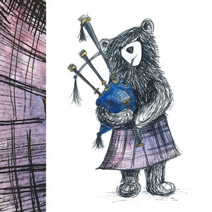 Biglietto d'auguri con cornamusa scozzese BEAR - vuoto all'interno - di Catherine Redgate - cornamuse scozzesi musica turisti amichevoli festeggiano kilt tartan