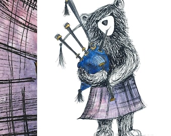 Scottish Bagpipe BEAR Greeting Card - blank inside- by Catherine Redgate - Scotland bagpipes music tourist friendly celebrate kilt tartan