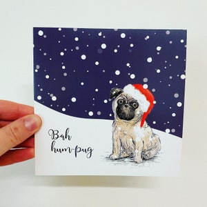Carte illustrée de chien Bah HumPUG vierge Catherine Redgate, humour amusant, fantaisiste, original, mignon, bonnet de Noel, cartes de voyance chien carlin