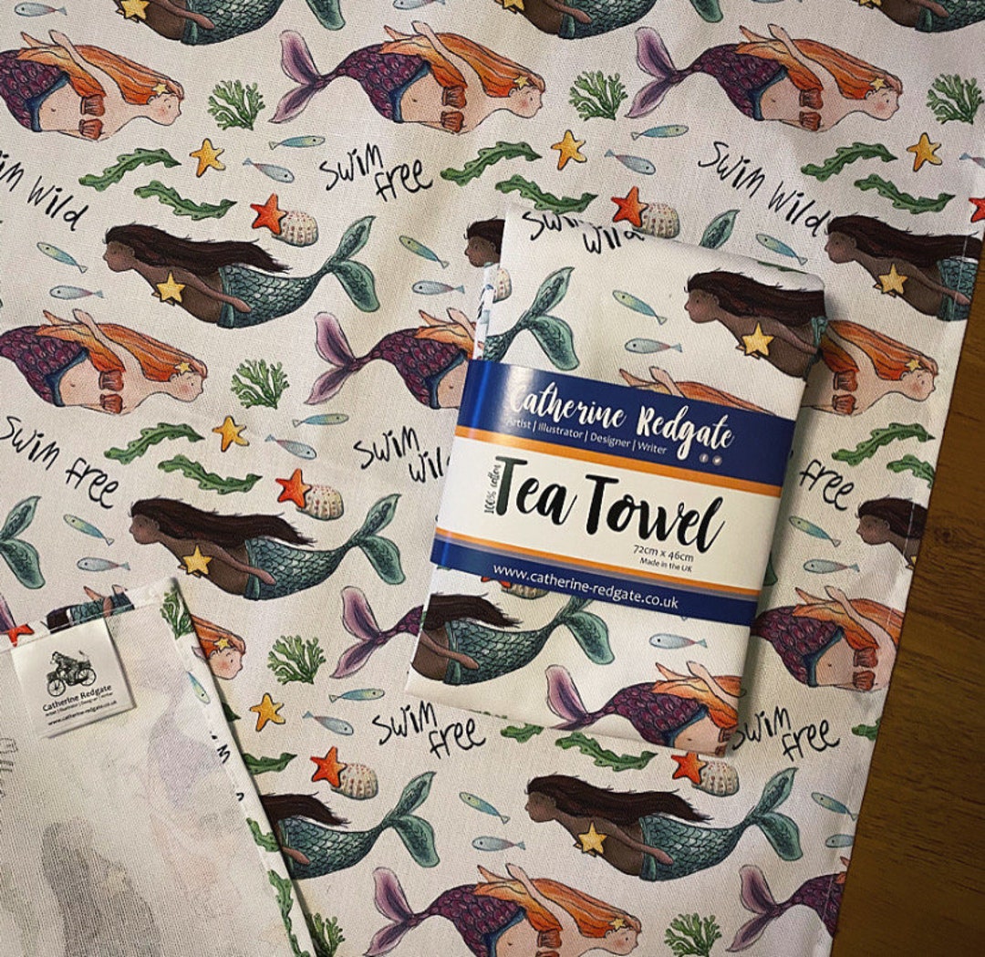 SWIM FREE Mermaid Illustrated Tea Towel 100 Cotton With Etsy