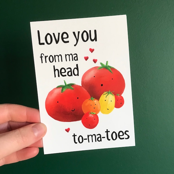 TOMATOES postcard Catherine Redgate Scottish Scotland funny garden gardener grow outdoor farmer food vegan love positivity valentine pun