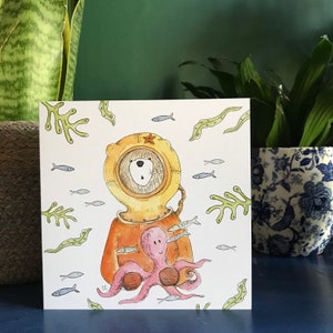 PLONGEUR OURS Carte de voeux vierge à l'intérieur de Catherine Redgate Ecosse écossais de pêche nautique océan anniversaire poulpe plongée sous la mer poisson