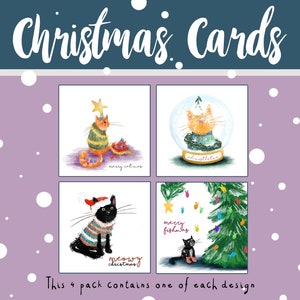 Cartes de Noël chats festives illustrées par Catherine Redgate, lot de 4 cartes drôles et mignonnes pour l'hiver, Noël, animal, pull de Noël, chat, neige