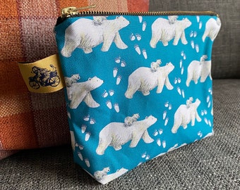 SNOW Bear WASH BAG 100% cotton Catherine Redgate homeware gift scottish pencil case make up pouch travel bag animal polar bear blue male