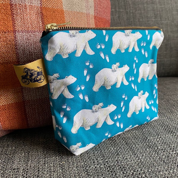 SNOW Bear WASH BAG 100% cotton Catherine Redgate homeware gift scottish pencil case make up pouch travel bag animal polar bear blue male