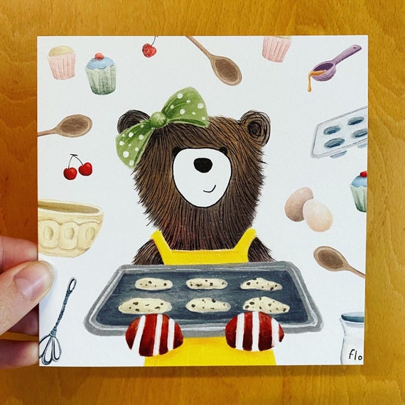 BAKING BEAR Birthday Greeting Card - blank inside Catherine Redgate fun celebrate happy baker bake cake celebration positive teddy chef cook