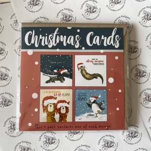 ANIMAUX DU PÈRE NOL, pack de 4 cartes de Noël illustrées carte Catherine Redgate jeu de mots de Noël humour drôle mignon hiver saisons voeux Noël chien lama