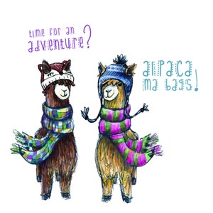 Alpaca My Bags journey - Greeting Illustration Art Card - blank inside by Catherine Redgate adventure travel cute couple love Llama funny