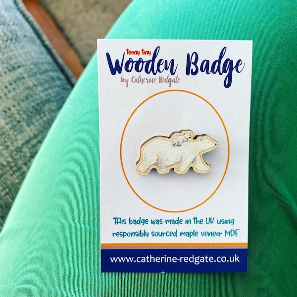 Tiny POLAR BEAR WOODEN pin badge Catherine Redgate eco sustainable wood cute stocking filler maple wood cracker gift idea snow mum baby