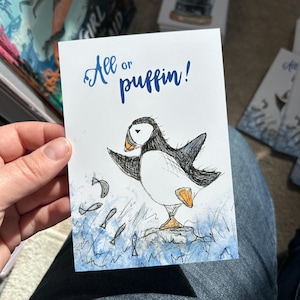 All or PUFFIN postcard Catherine Redgate positivity illustration letter mail post positive pun coastal bird scottish coast sea life puffins