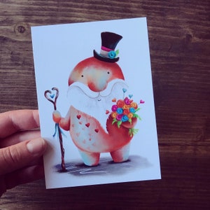 LOVE SPIRIT carte postale Catherine Redgate esprit sprite illustration lettre courrier post écrire valentine haut de forme gentleman rose bouquet de fleurs