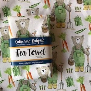 GARDEN BEAR illustrated TEA Towel - 100% cotton hanging loop Catherine Redgate kitchenware homeware gift teddy vegetable gardener grow veg