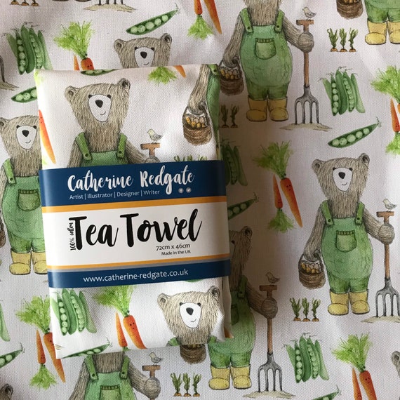 GARDEN BEAR Illustrated TEA Towel 100% Cotton Hanging Loop