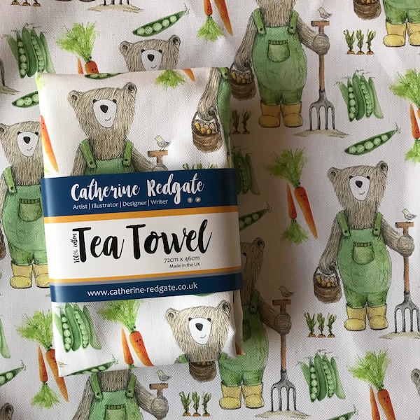 GARDEN BEAR illustrated TEA Towel - 100% cotton hanging loop Catherine Redgate kitchenware homeware gift teddy vegetable gardener grow veg