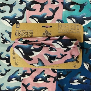ORCA whale headwear outdoor RECYCLED plastic head band biking walking hike Catherine Redgate scarf PINK grey blue whales sea ocean animal