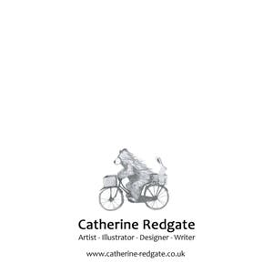 Puede incluir: Ilustraci&oacute;n en blanco y negro de un oso montando una bicicleta con un conejo en la cesta. El texto "Catherine Redgate" est&aacute; debajo de la imagen, seguido de "Artist - Illustrator - Designer - Writer" y "www.catherine-redgate.co.uk".