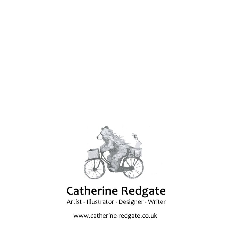Puede incluir: Ilustraci&oacute;n en blanco y negro de un oso montando una bicicleta con un conejo en la cesta. El texto "Catherine Redgate" est&aacute; debajo de la imagen, seguido de "Artist - Illustrator - Designer - Writer" y "www.catherine-redgate.co.uk".