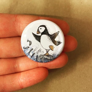 PUFFIN catching fish button badge pin  Catherine Redgate Scottish bird waves sea ocean coast wildlife puffins stocking filler gift idea