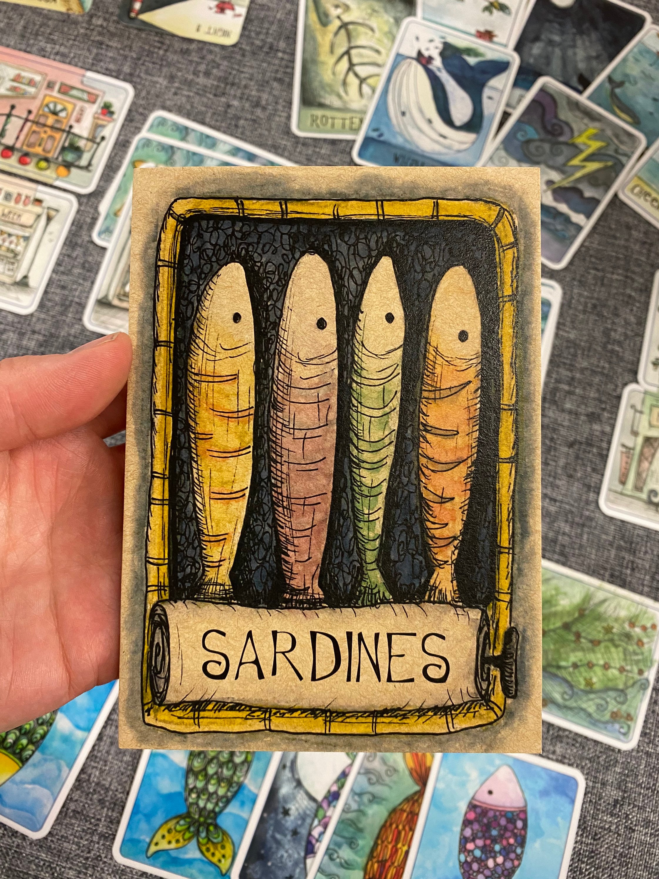 SARDINES A6 ECO Jotter Artist Sketchpad Notebook plain stocking filler Catherine Redgate waters edge game fish tin sardine cute quirky fishy