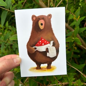Carte postale CHAMPIGNON THÉ OURS Catherine Redgate positivité illustration lettre courrier post positif thés boisson jeu de mots ours en peluche théière vintage