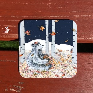 Night Forest Bear GLOSS COASTER- by Catherine Redgate woodland homeware tree cute teddy leaf illustration scottish story drink gift