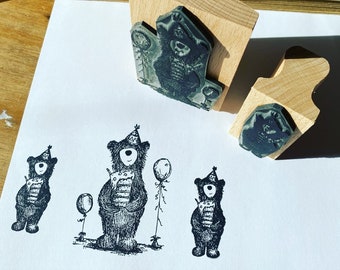 BIRTHDAY BEAR - 2" 3” wooden rubber stamper Catherine Redgate - Scotland Scottish teacher cute stamp bears teddy cake kids fun teddy balloon