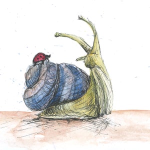 Carte d'art illustration de voeux New Friends escargot garden - vierge à l'intérieur - par Catherine Redgate jardinière pittoresque excentrique fantaisiste