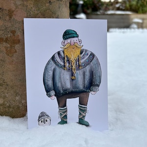 Carte postale NORDIC TIME KEEPER Catherine Redgate illustration courrier lettre post positif original art confortable bord de l'eau personnage viking homme scandinave