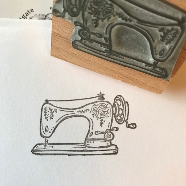 Vintage OLD SEWING MACHINE 2" 3” wooden rubber stamper Catherine Redgate cute retro whimsical hand drawn illustration botanical quirky sew