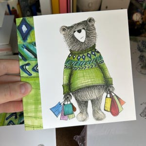 Shopping Bear card - illustration illustrated Greeting Card blank inside- by Catherine Redgate day out shop bags addict fun funny birthday