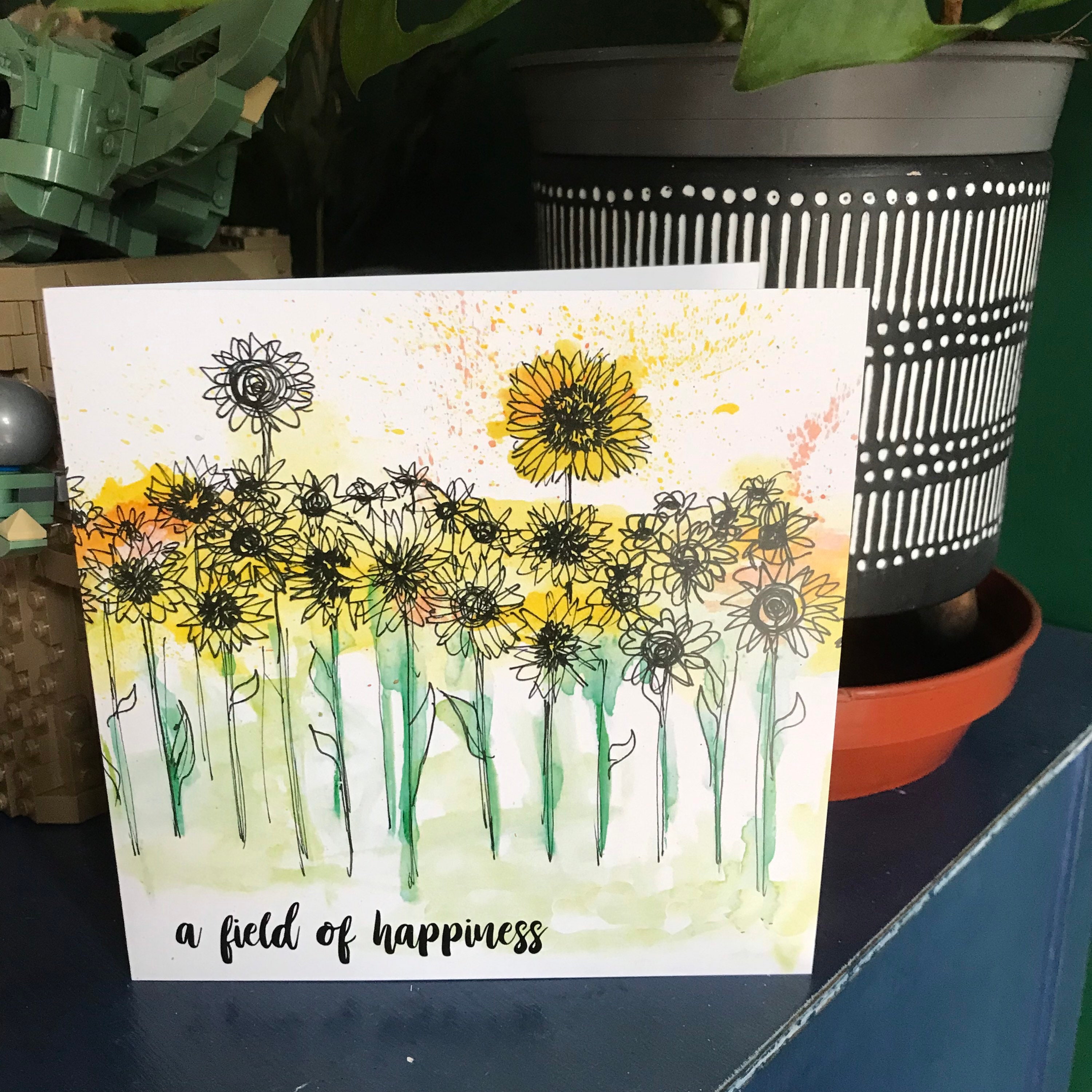 SUNFLOWERS A Field of Happiness Greeting Illustration Art Card Blank ...