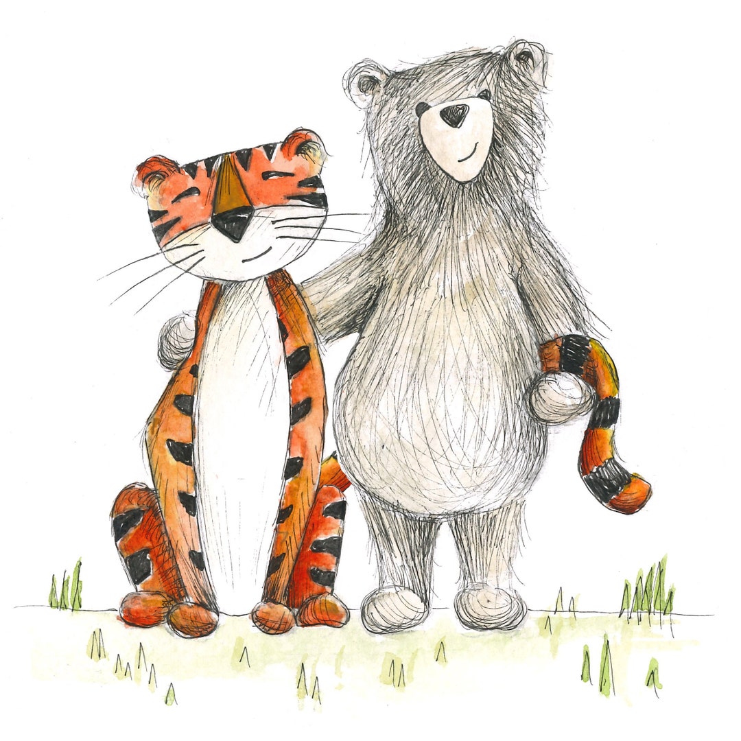クマとトラのグリーティングイラストアートカード、内側は空白