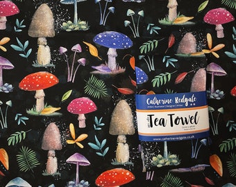 MUSHROOMS illustrated Tea Towel 100% cotton with hanging loop Catherine Redgate kitchenware homeware gift home new house fungi toadstool