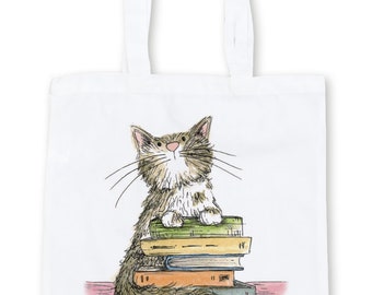 BOOK CAT white TOTE bag shop cute shopper shoulder Catherine Redgate addict useful gift bags pawsitive clever graduation positive cute cats