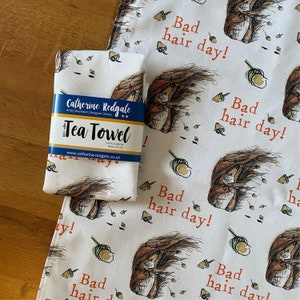 Bad Hair Day SQUIRREL illustrated TEA TOWEL 100% cotton Catherine Redgate kitchenware homeware gift scottish cute windswept windy red