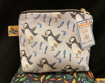 Dancing PUFFIN WASH BAG 100% cotton Catherine Redgate homeware gift scottish pencil case make up pouch travel bag gift Scottish bird puffins
