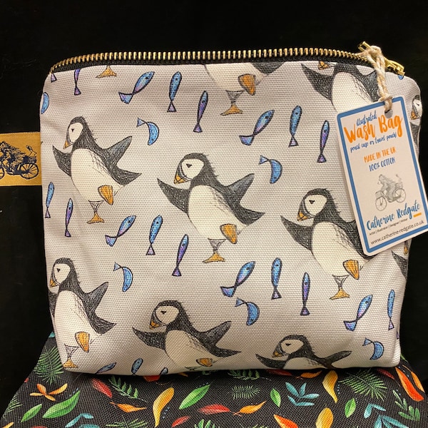 Dancing PUFFIN WASH BAG 100% cotton Catherine Redgate homeware gift scottish pencil case make up pouch travel bag gift Scottish bird puffins