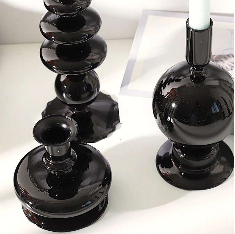 Black Glass Candle Holders Romantic Candlestick Wedding Etsy