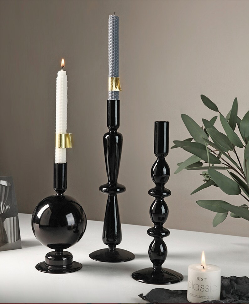 Black Glass Candle Holders Romantic Candlestick Wedding Etsy