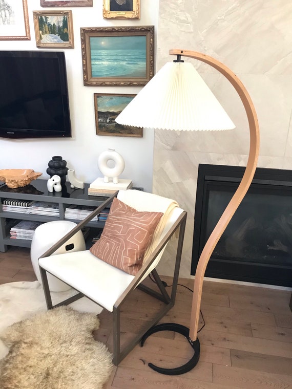 Gooseneck Pleated Shade Floor Lamp Modern Minimalist Mid Denmark Gooseneck Pleated Shade Floor Lamp, Curved Floor Lamp With Pleated Shade