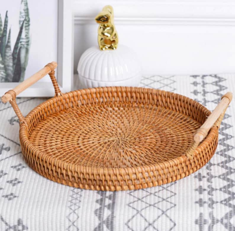 Rattan Wicker Tray Round Serving Tray Breakfast Tray Rattan Etsy