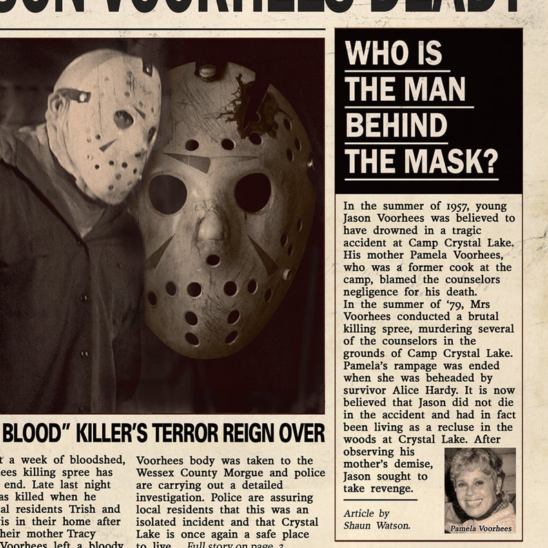 FRIDAY 13TH Crystal Lake Jason Voorhees Mock Newspaper Print Etsy