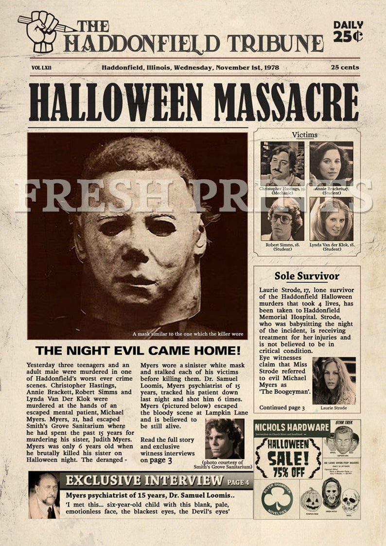 Halloween Haddonfield Michael Myers Mock Newspaper print Etsy