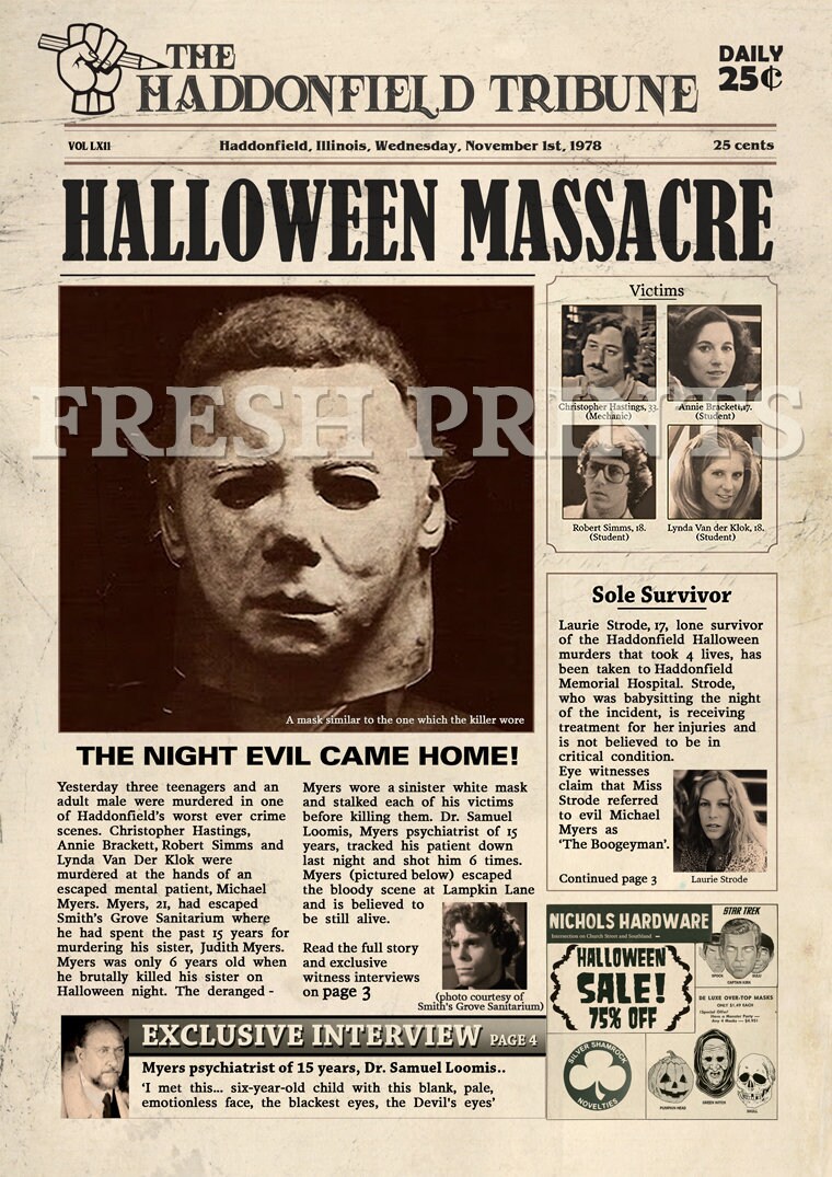 Halloween Haddonfield Michael Myers Mock Newspaper print | Etsy