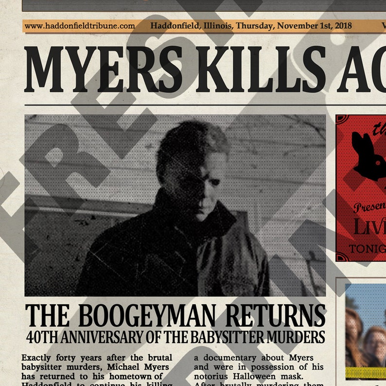 Halloween 2018 Haddonfield Michael Myers Mock Newspaper print Etsy
