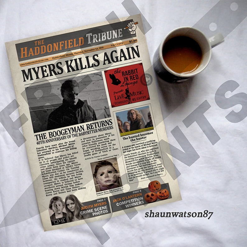 Halloween 2018 Haddonfield Michael Myers Mock Newspaper print | Etsy