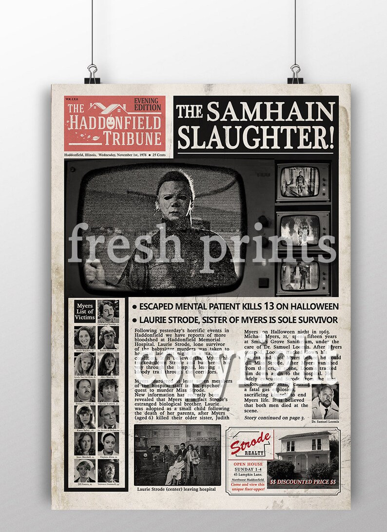 Halloween 2 Haddonfield Mock Newspaper print Michael Myers Etsy