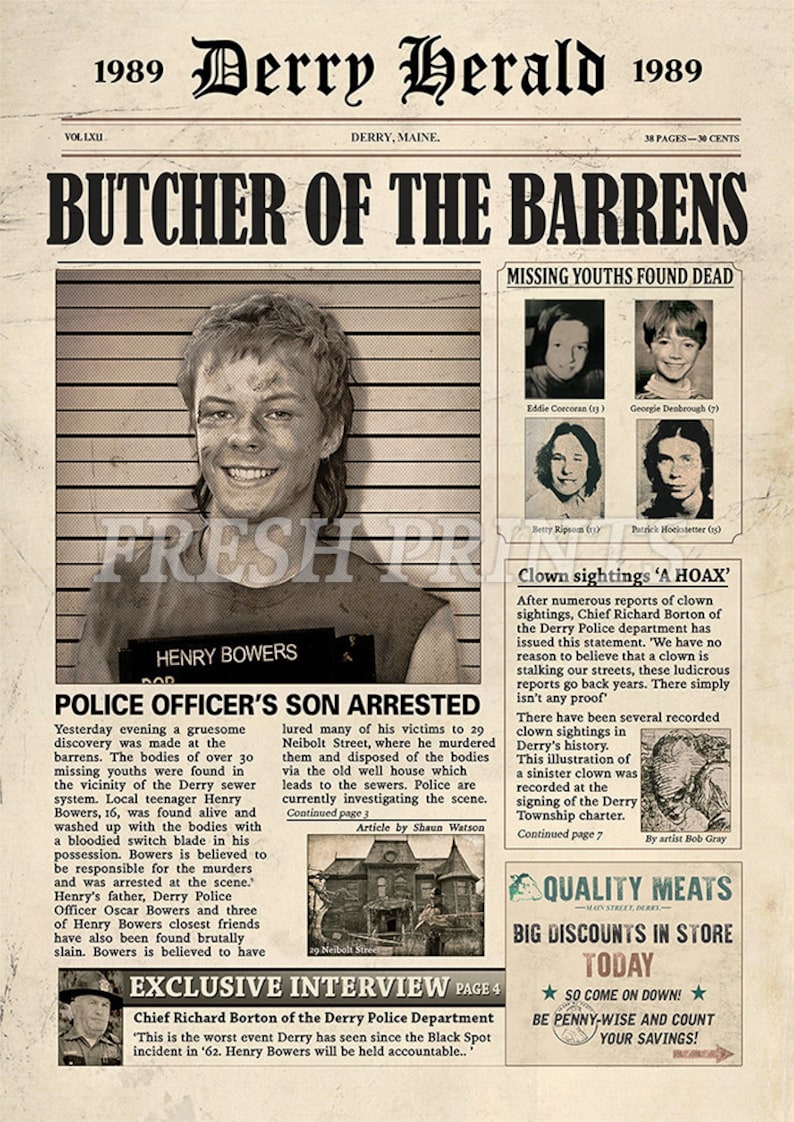 Derry Herald Mock Newspaper print IT MOVIE PENNYWISE Art & Collectibles